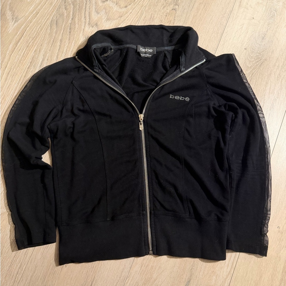 Bebe‎ Black Zip-Up Sweater with Sheer Sleeves